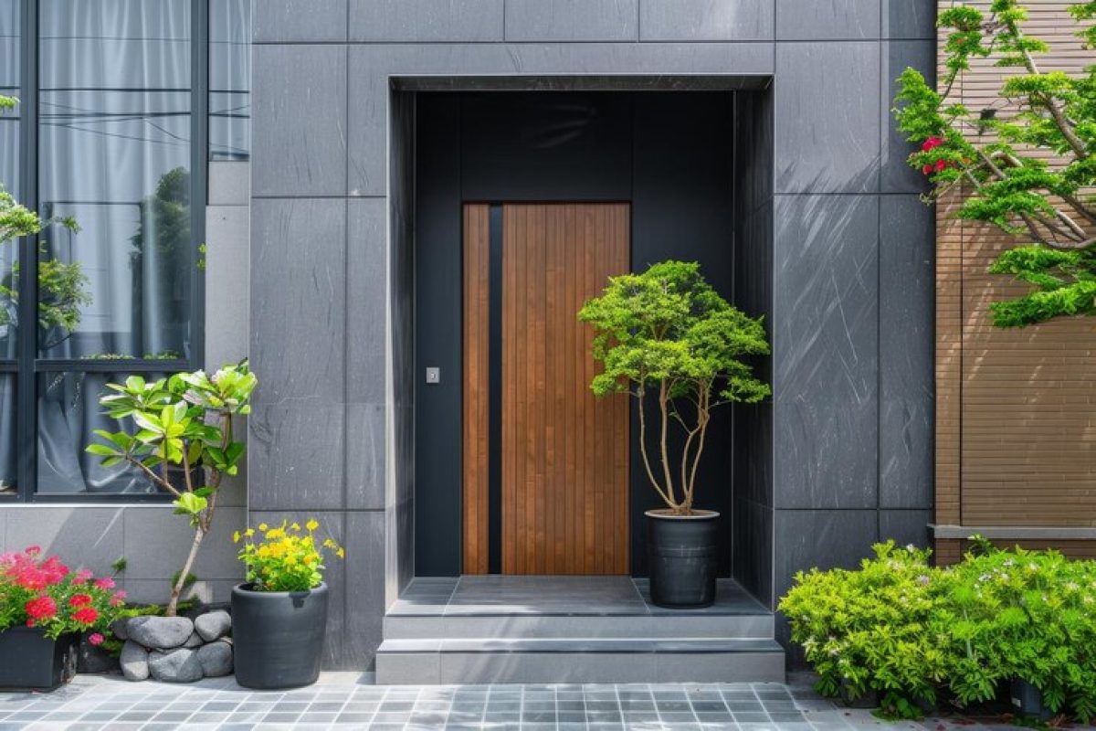 contemporary-black-front-door-with-plants-exterior-view-stylish-modern-building-entrance_937679-42619